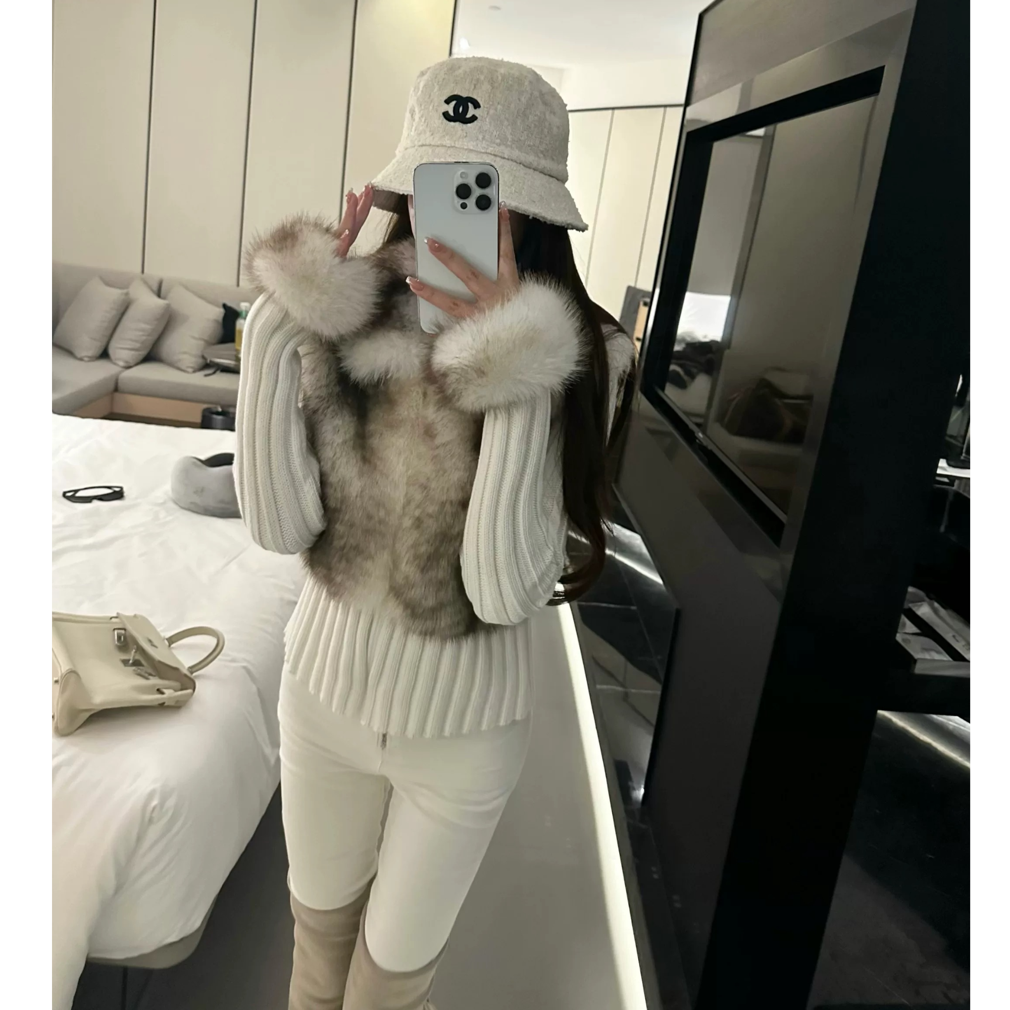 网红千金仿皮草翻领拼接毛衣针织开衫外套女假两件短款毛毛外套