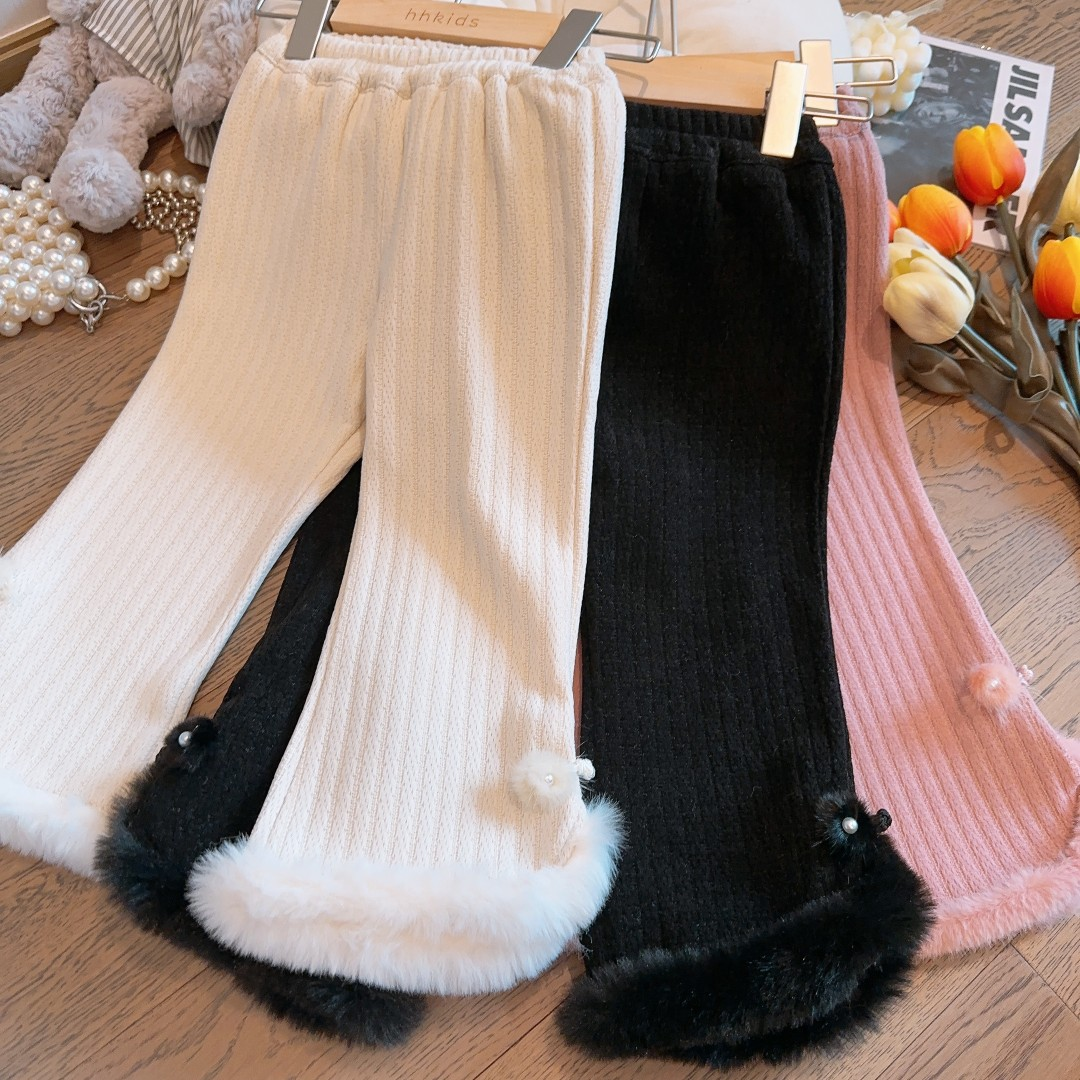 2024冬季新款女童加绒加厚毛边毛球阔腿裤子女宝宝百宝宝绒裤子