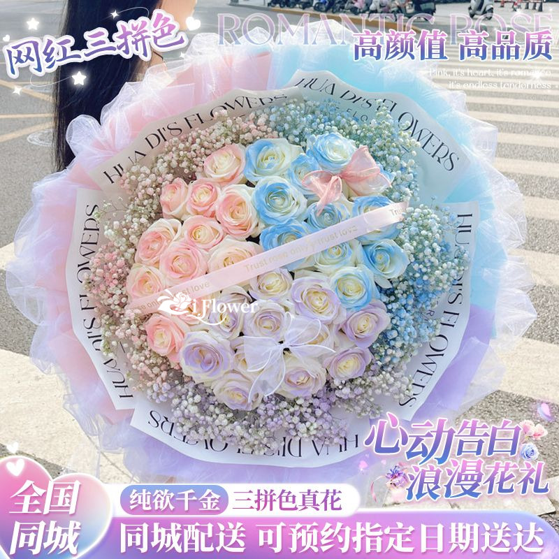 真花双色三色玫瑰花束鲜花店订购小时达的同城速配送附近生日礼物