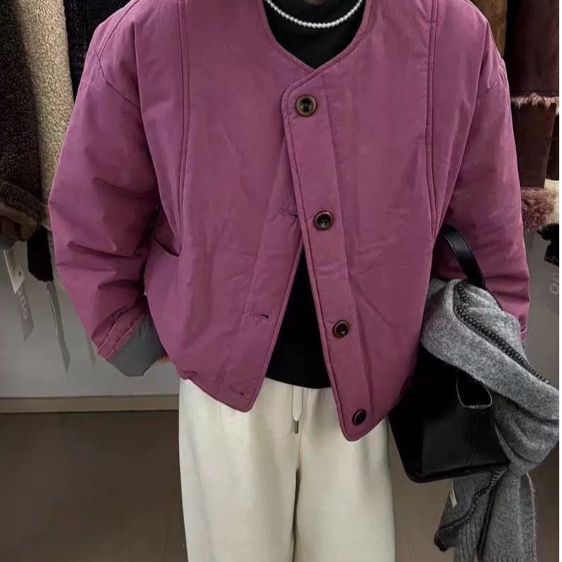 韩系圆领单排扣拼色棉服外套冬季