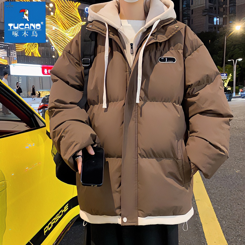 啄木鸟假两件棉衣男士冬季新款加厚潮牌棉袄连帽外套防寒保暖棉服