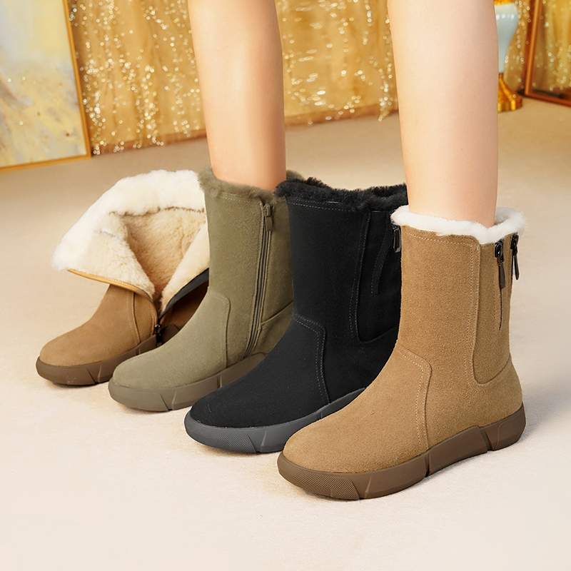 冬季新款百搭加厚平底中筒羊毛雪地靴厚底平底女靴短筒女鞋