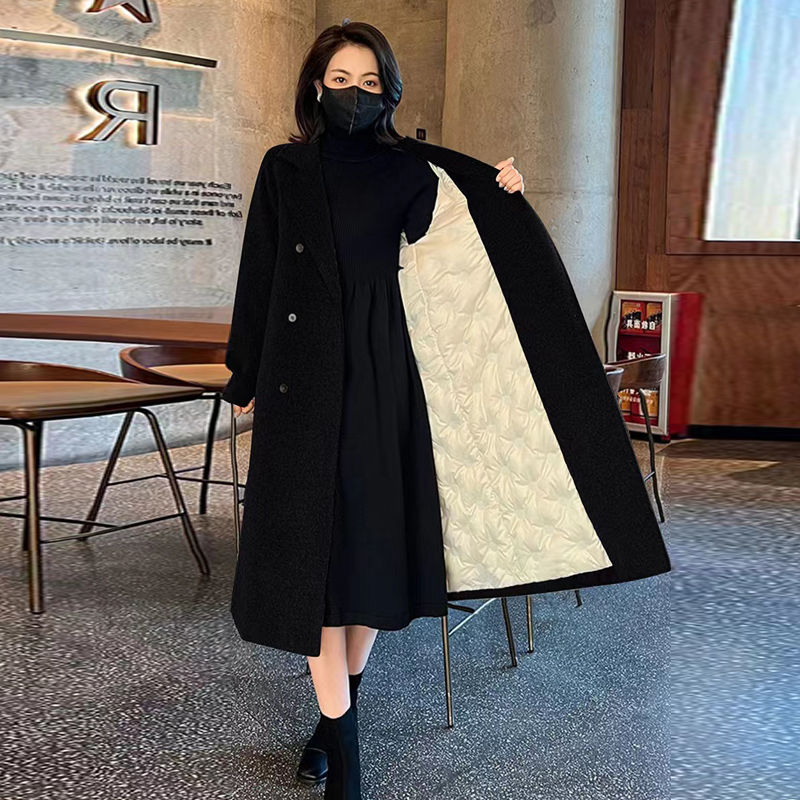 清廷心白鸭绒中长款毛呢外套风衣羽绒服女2023冬季新款加厚西装呢