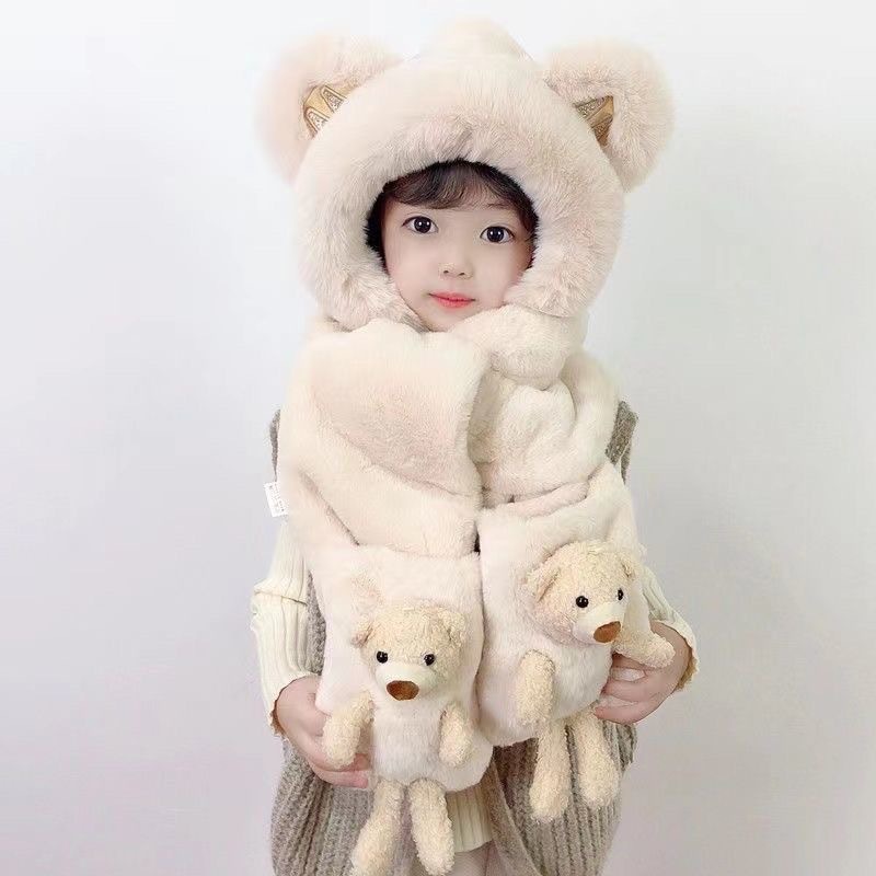 儿童帽子立体小熊冬季三件套宝宝加绒手套男女童保暖帽子围巾一体