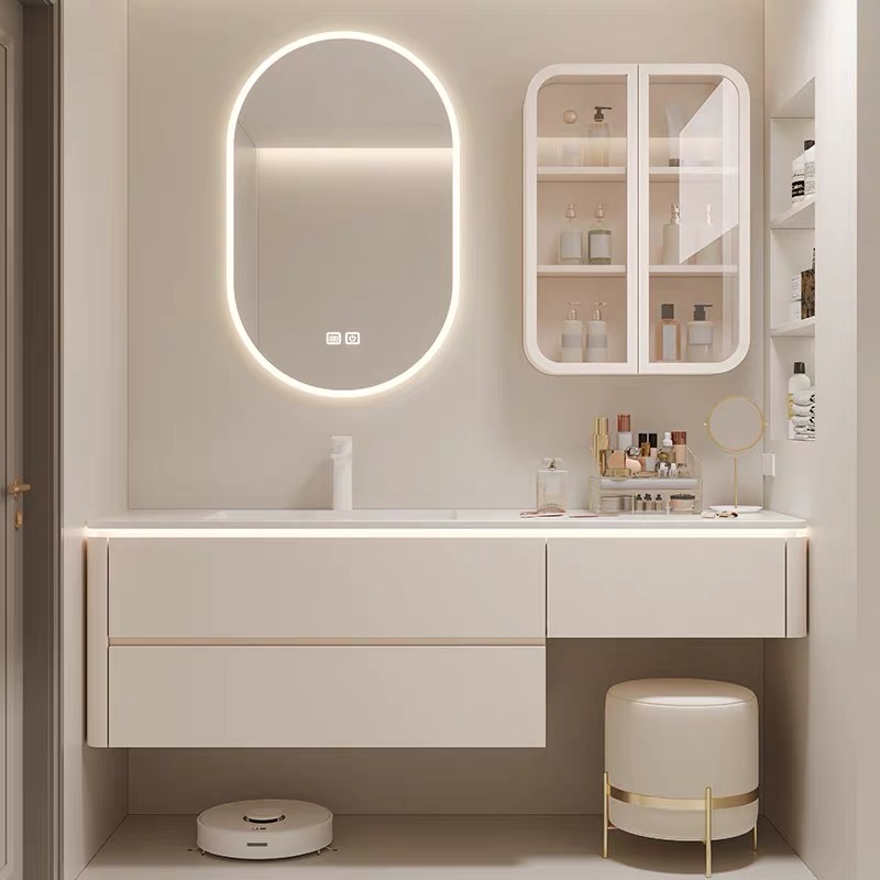 奶油风橡木烤漆岩板陶瓷无缝盆浴室梳妆台组合卫生间洗漱台脸手盆