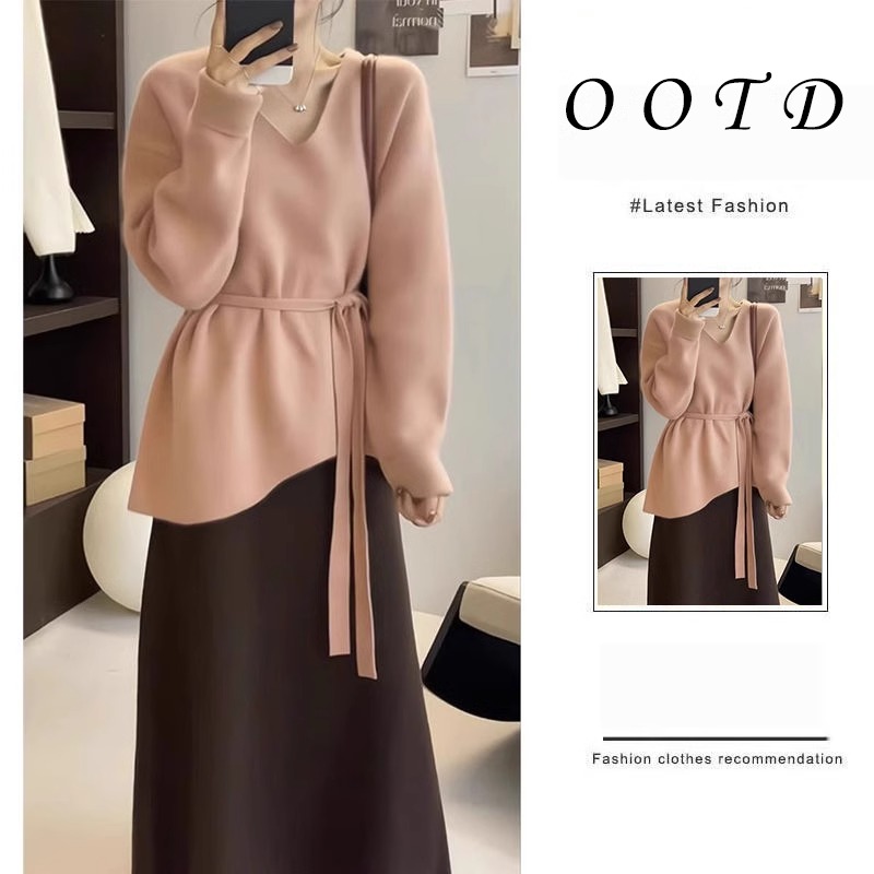 春季搭配一整套2025新款胖mm韩版温柔系宽松针织毛衣半身裙两件套