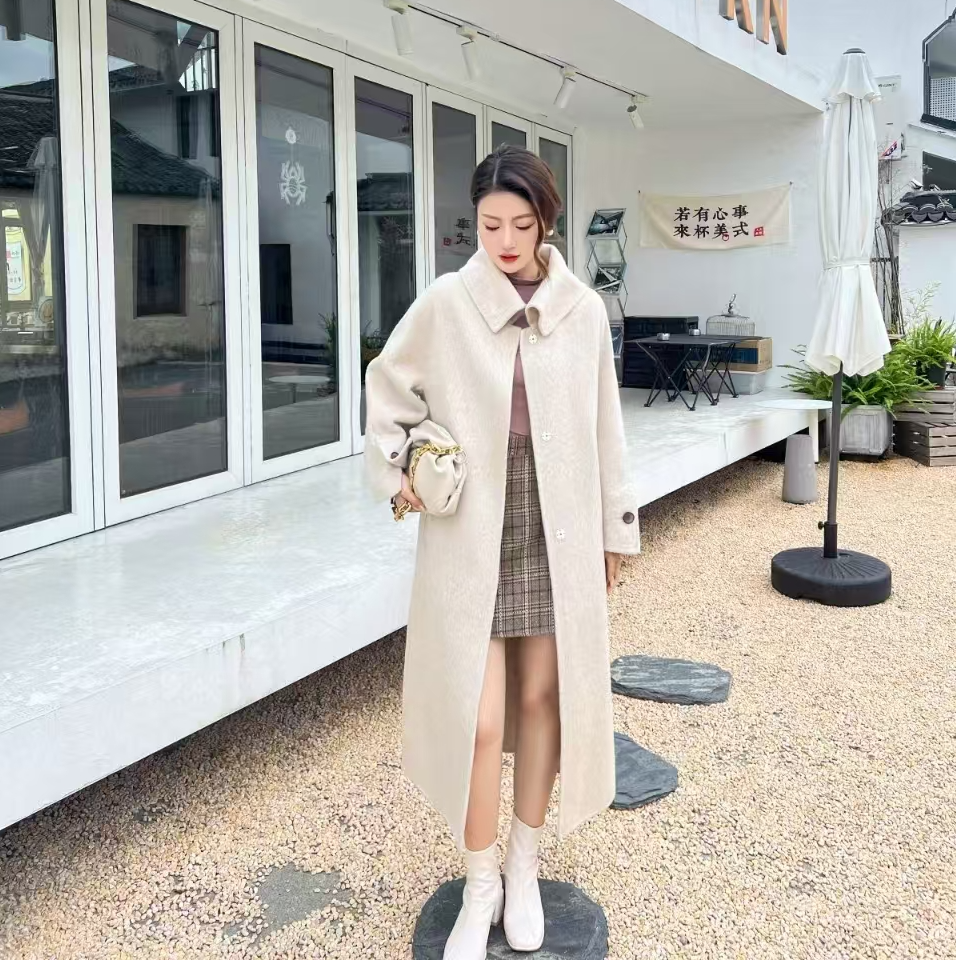 2024年气质长款双面毛呢大衣美式网红白色时尚女士长款