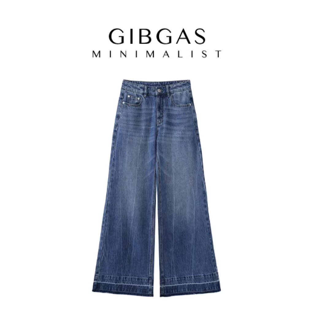 【吉卡思】时尚蓝色毛边阔腿牛仔裤百搭休闲高腰长裤