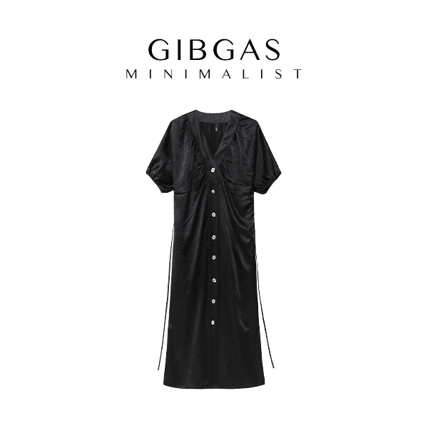 【吉卡思】夏季黑色气质短袖优雅V领醋酸裙子抽褶袖排扣蕾丝连衣裙