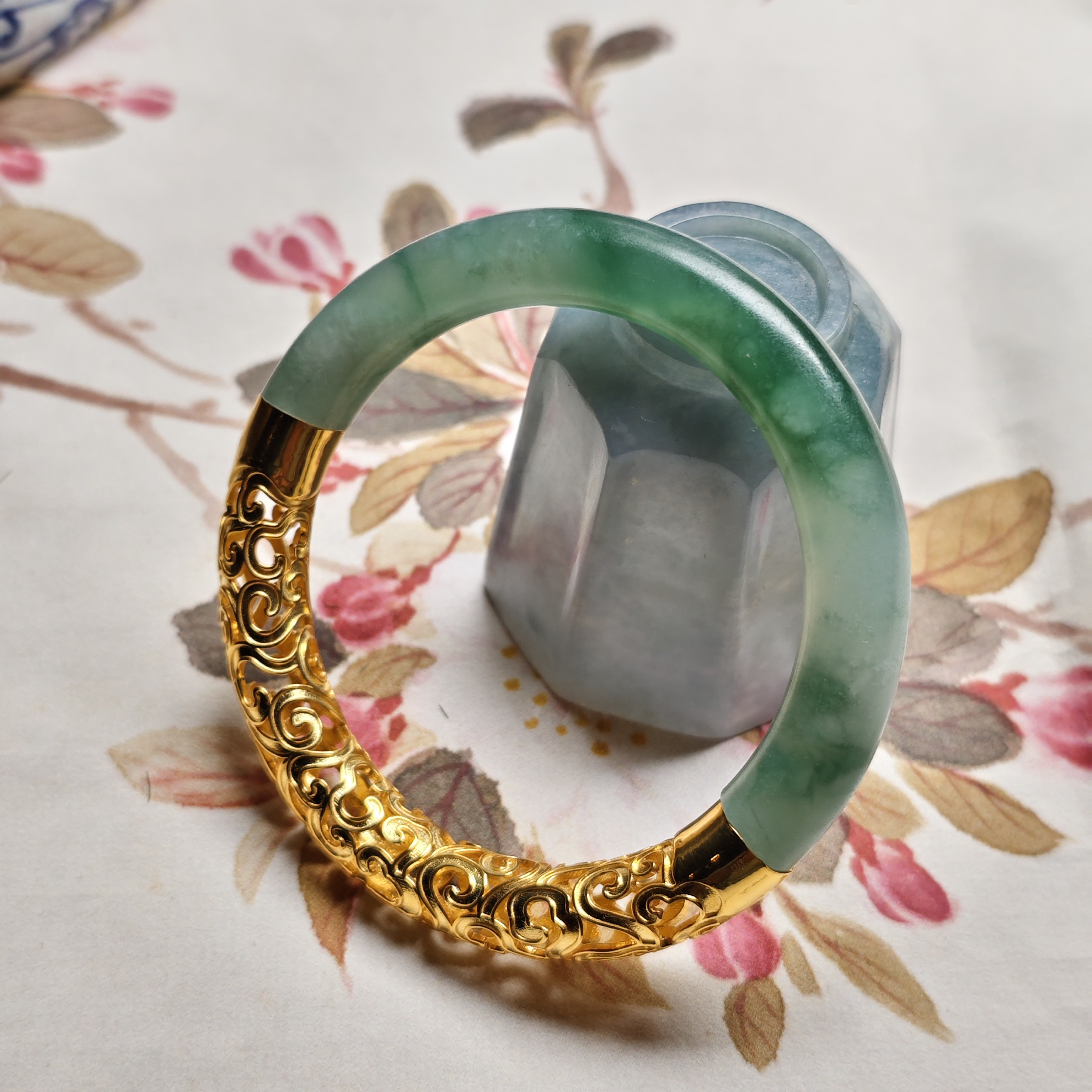 盛夏家｜翡翠冰绿蓝底半镯国风古典气质手镯｜圈口55-56