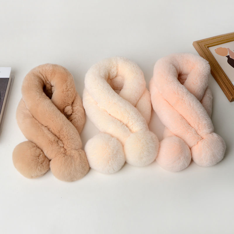 獭兔毛围巾冬季保暖女士短款纯色真皮草双管围巾球皮草围脖套