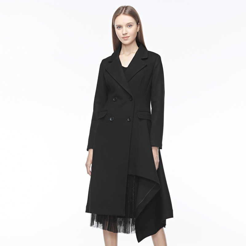 S·DEER圣迪奥女装时尚双排扣插袋不规则黑色毛呢大衣S19481857