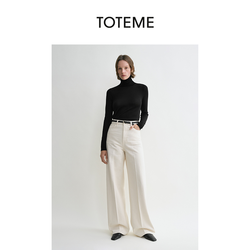TOTEME女装米白色棉质垂坠质感压褶高腰阔腿牛仔裤