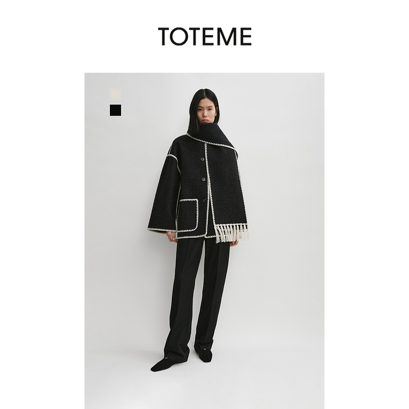 TOTEME女装经典羊毛刺绣宽松落肩流苏围巾围脖夹克外套