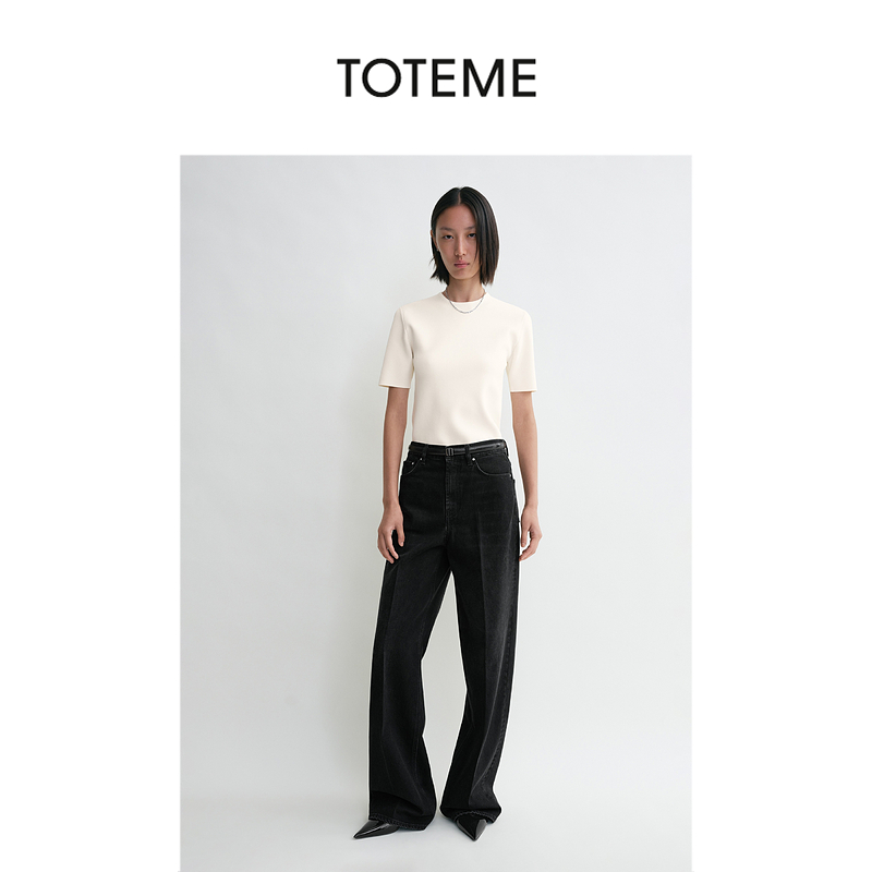 TOTEME女装黑色做旧压褶高腰阔腿牛仔裤
