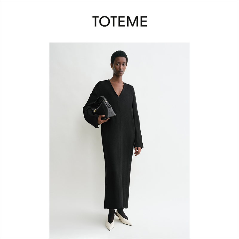 TOTEME女装黑色毛边廓形v领连衣裙长裙