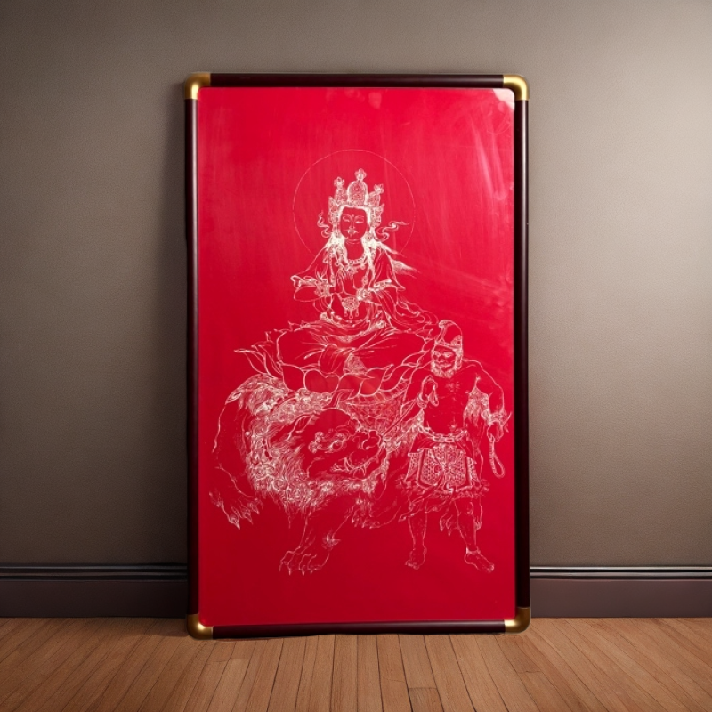 文殊菩萨客厅书房茶室玄关正门口挂画手工朱砂上色精美装饰画