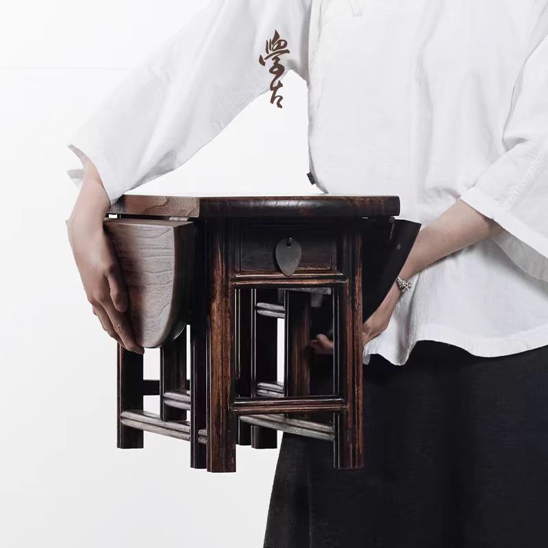 学古|便携茶馆 实木老料可折叠便携复古桌子矮茶几折叠桌床上圆桌