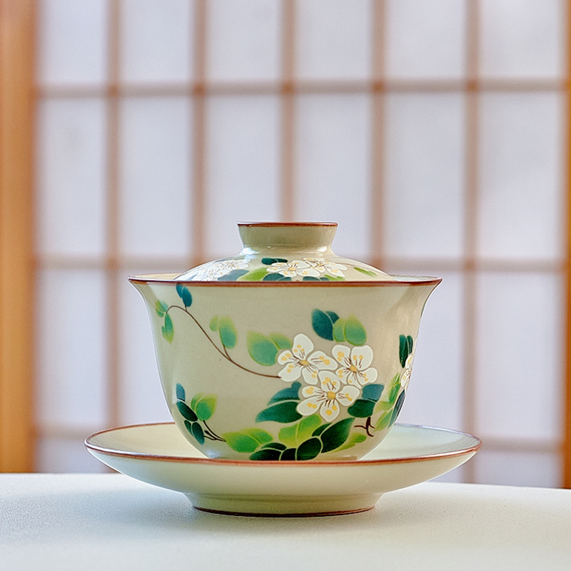 岑汝山茶花三才盖碗110毫升开片