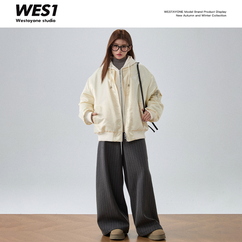 WESTAYONE女秋冬宽松外套假两件飞行服棉衣夹克-现货