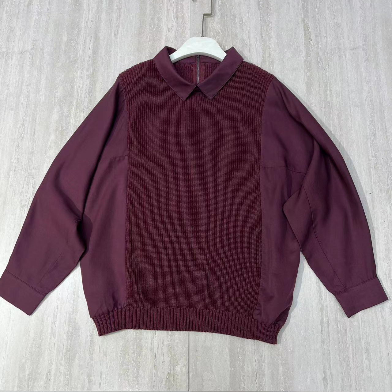 秋季新款安可拉红衬衣领女士假两件拼接毛衣2199