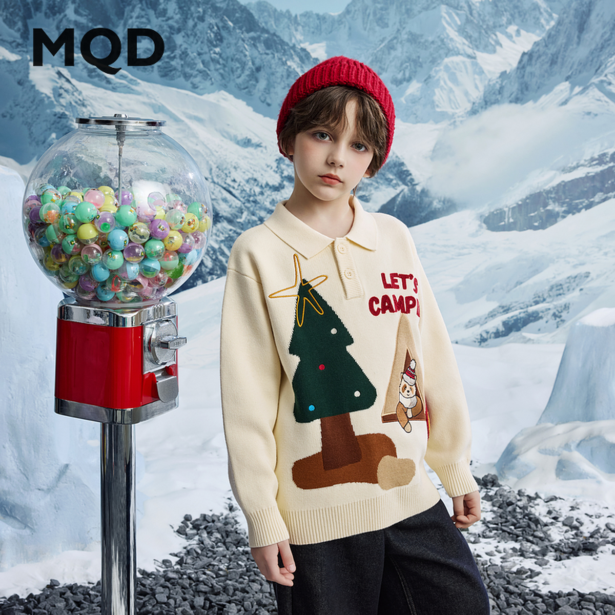 MQD童装儿童24冬季新品卡通满版翻领保暖学院风潮酷毛衣9644W0755
