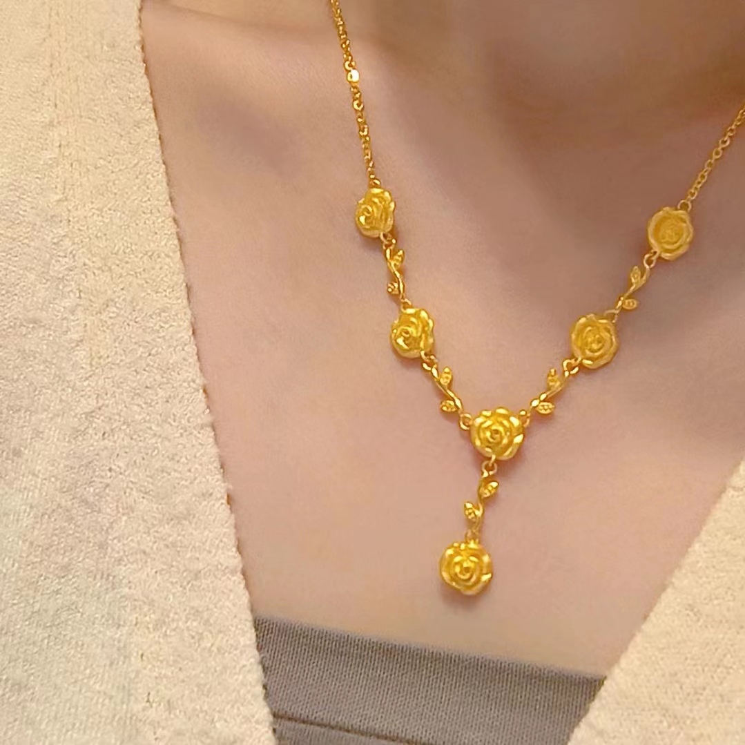 玫瑰花套链足金999花月佳期山茶花黄金时尚素款轻奢气质黄金百搭