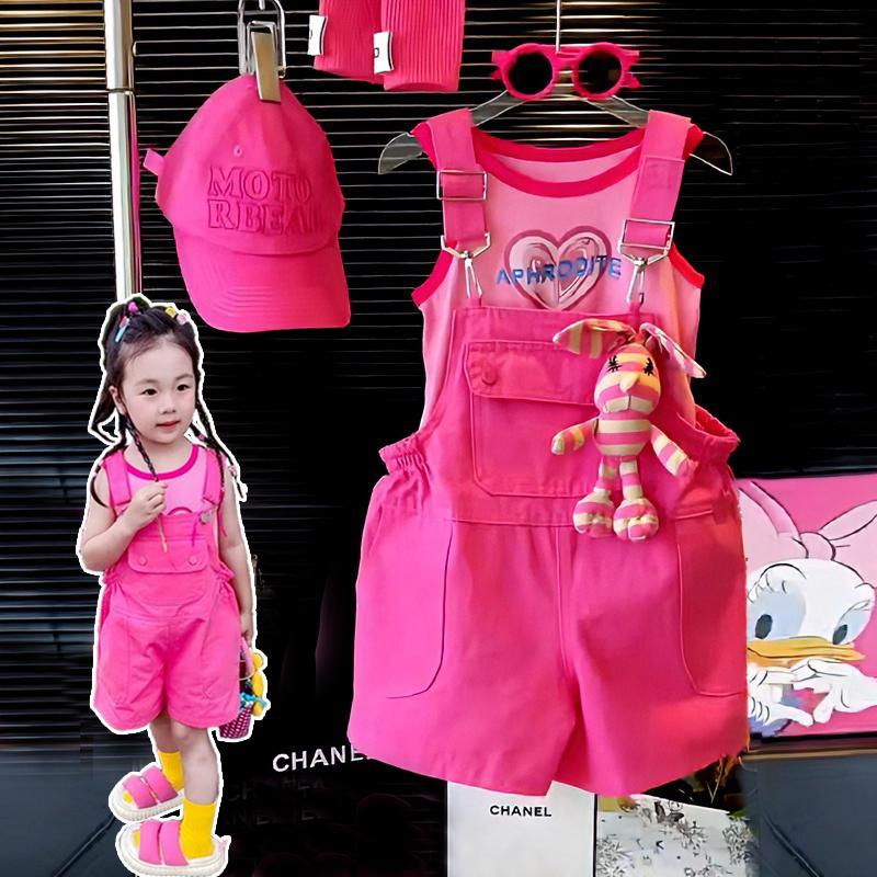 女童夏季背带裤套装2024新款洋气爱心背心多巴胺连体短裤两件套潮
