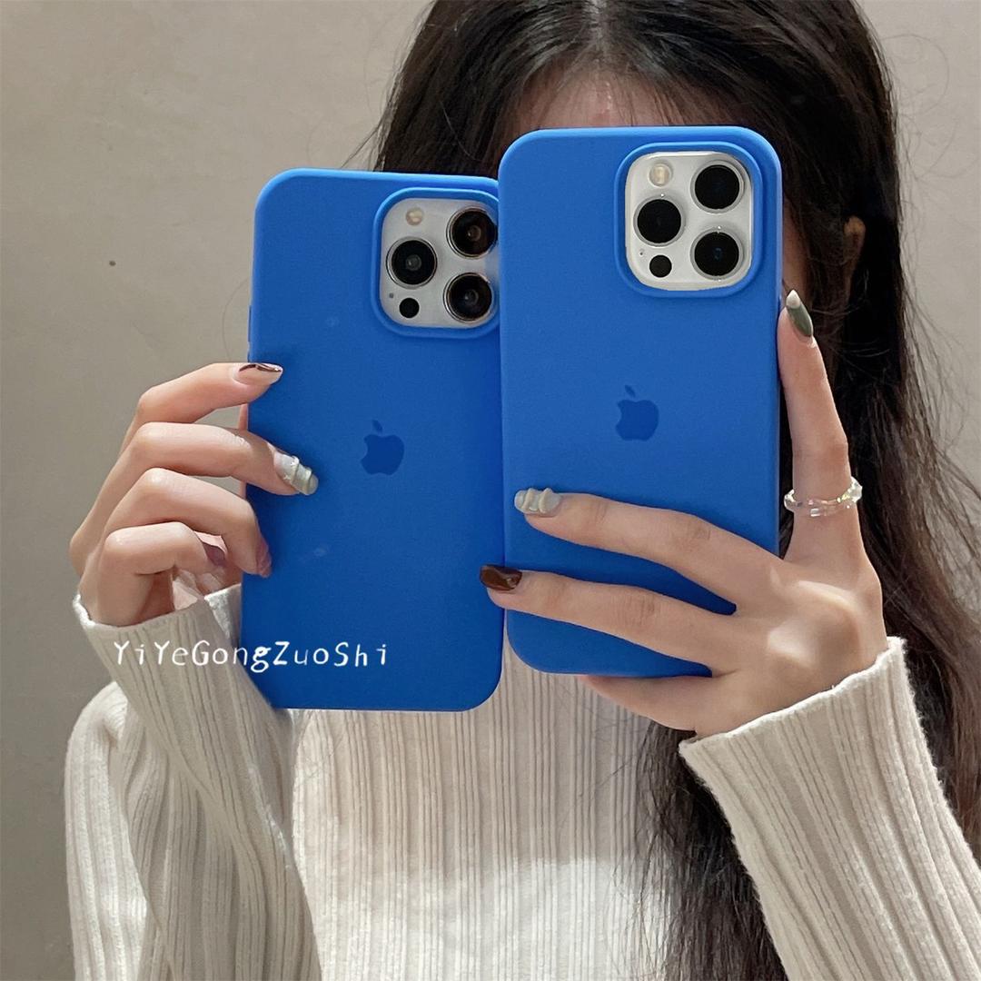 ins地中海蓝苹果14手机壳液态硅胶iPhone13全包12Promax防摔软壳