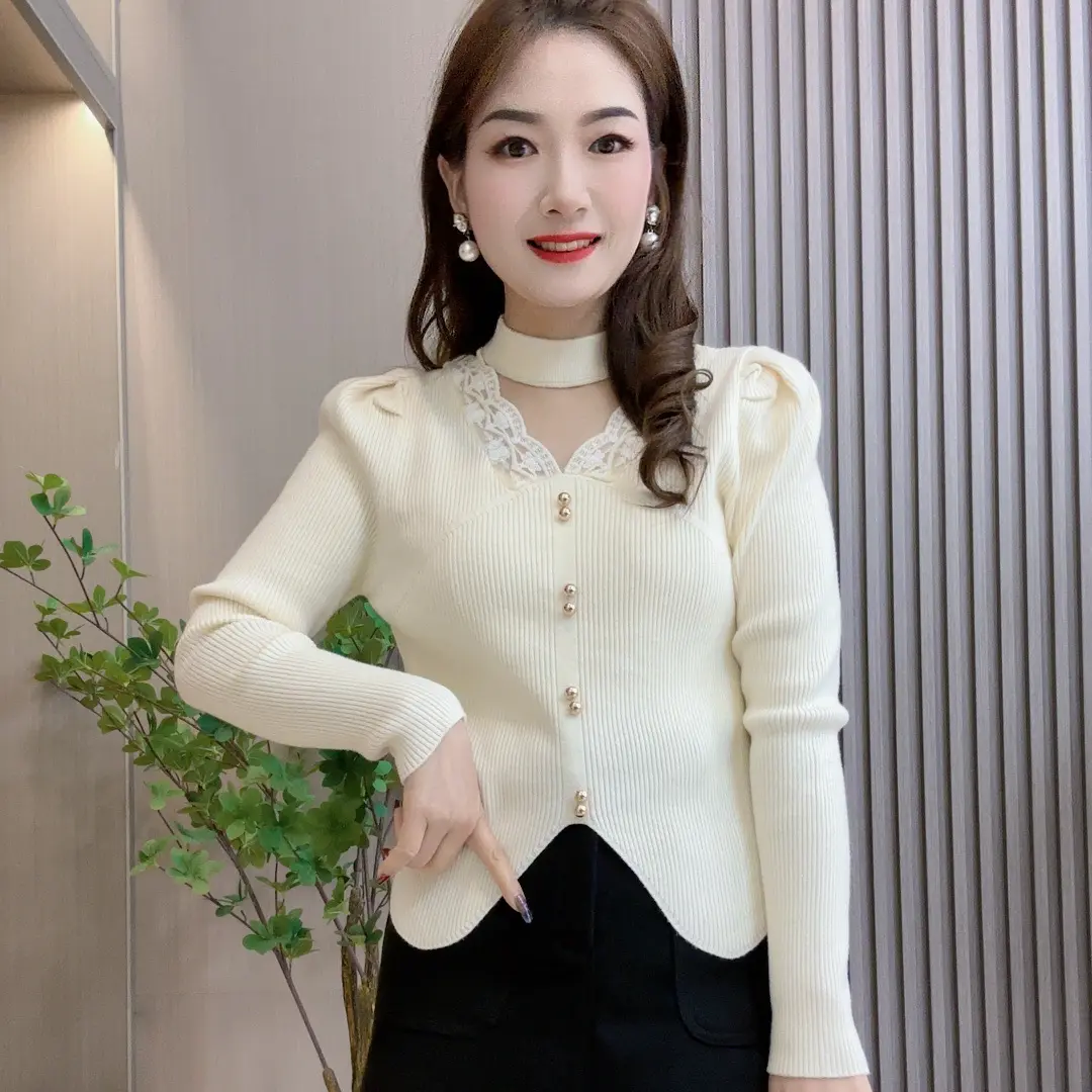 毛衣女冬季镂空拼接蕾丝毛衣泡泡袖显瘦不规则长袖针织衫上衣打底
