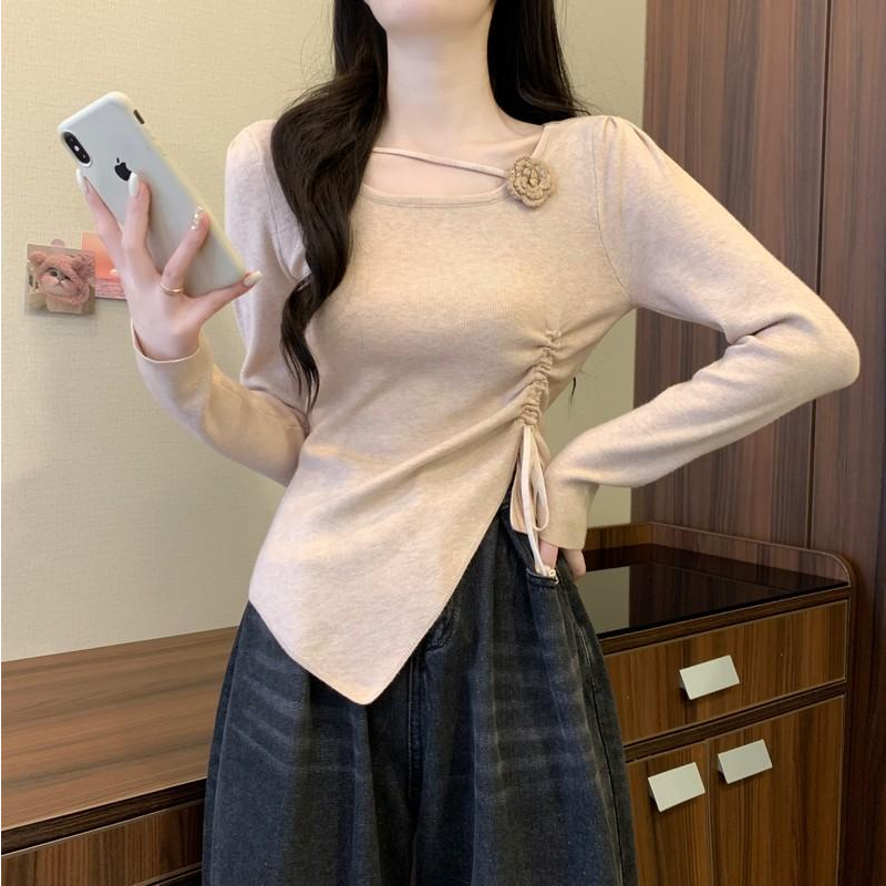 法式纯欲风别致抽绳不规则立体玫瑰花针织衫女秋冬设计感上衣打底