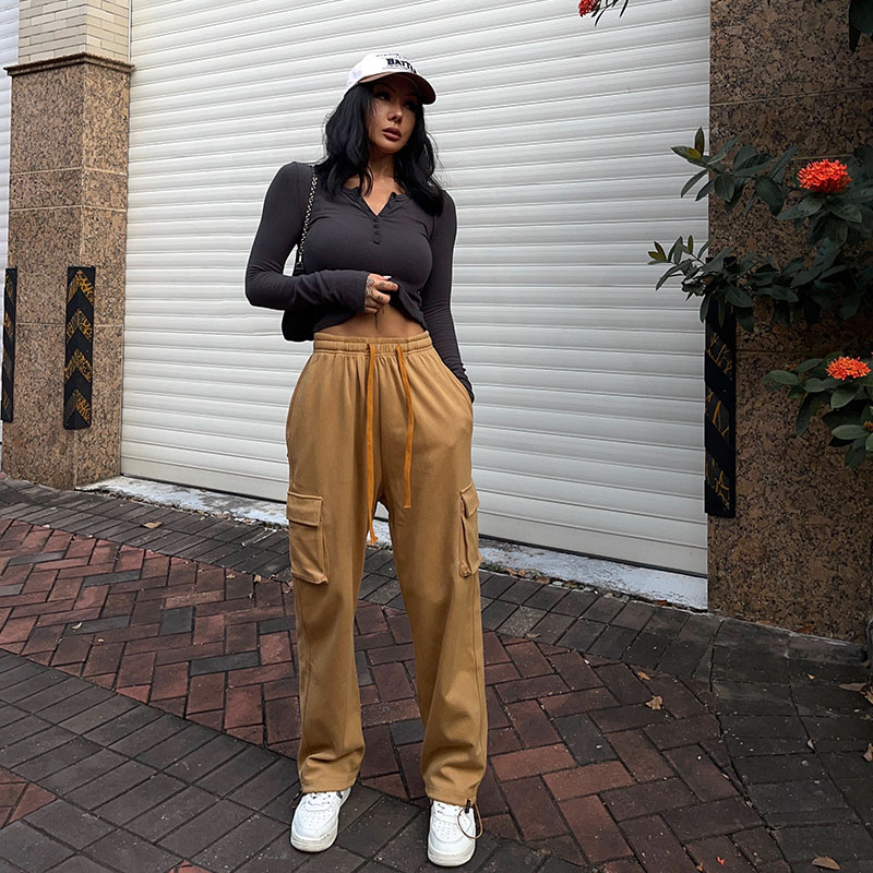 美式辣妹工装裤直筒运动裤女宽松高腰显瘦抽绳束脚大口袋休闲卫裤