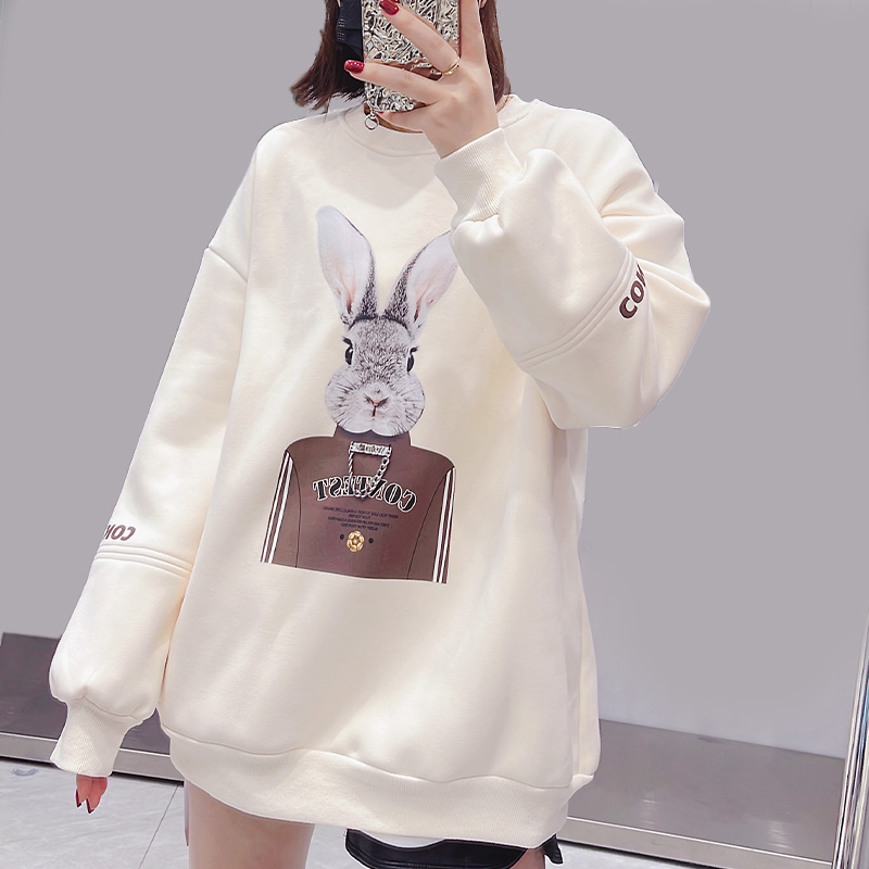 2022秋冬新款兔头3D印花直喷圆领套头宽松长袖婴儿绒卫衣女上衣