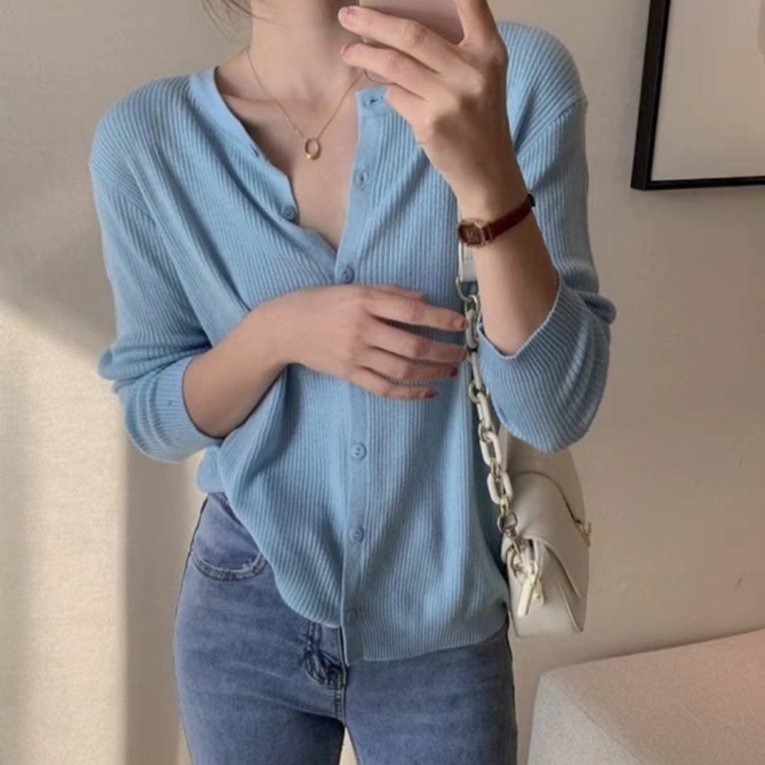 2024春夏新款柔软宽松薄款长袖针织衫开衫纯色毛衣外套洋气上衣女