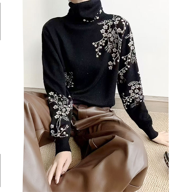轻熟休闲梅花2024新款堆堆领套头针织衫女秋冬宽松显瘦花色打底衫