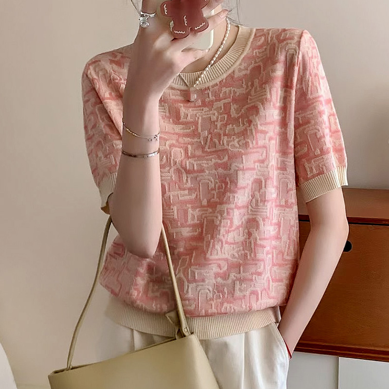 超好看2024新款满体花色短袖圆领T恤衫女夏季宽松套头冰丝针织衫