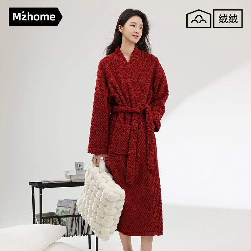 新款睡袍男女秋冬款半边绒晨袍本命年红色家居服睡衣珊瑚绒长袍