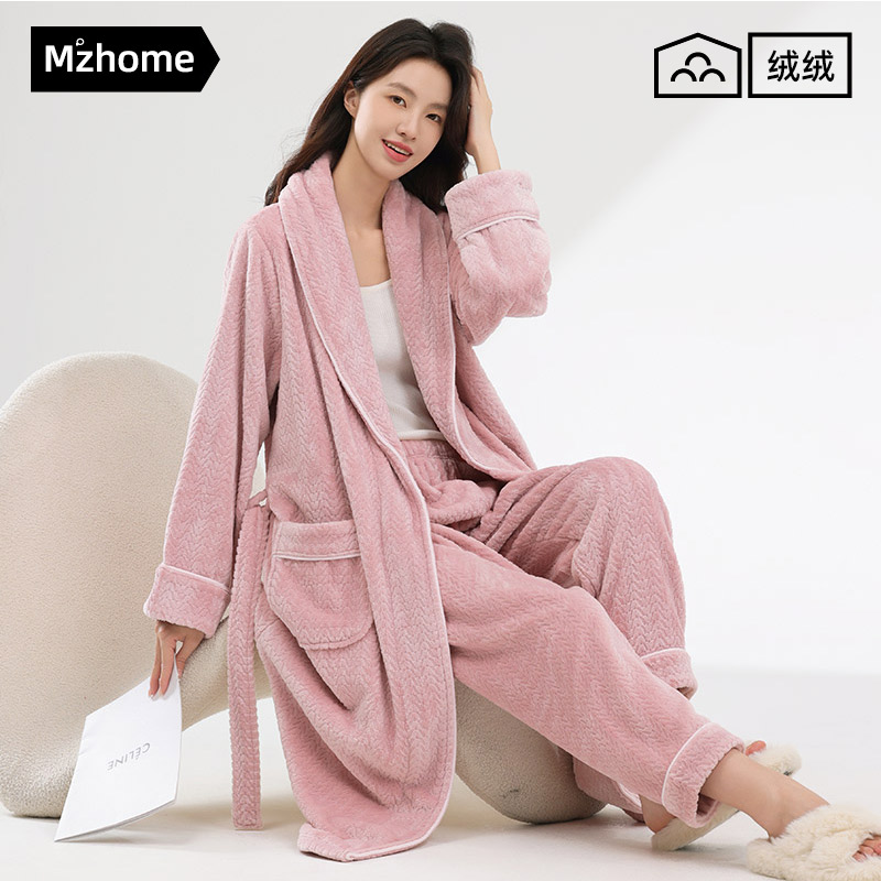 睡袍女秋冬季加厚珊瑚绒睡衣法兰绒浴袍女冬天长款大码家居服晨袍
