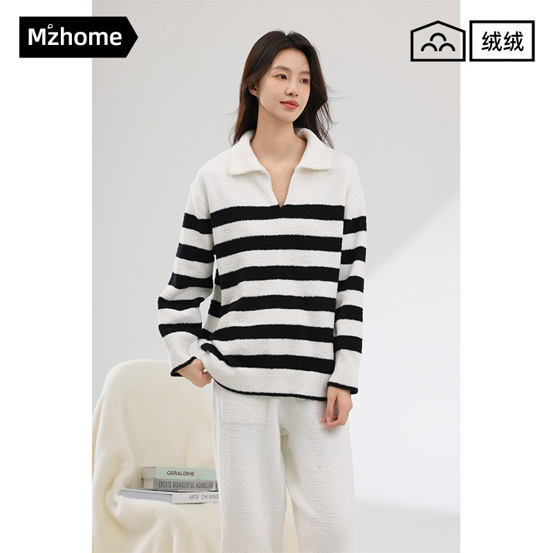 睡衣女秋冬季2025新款珊瑚绒家居服高级感条纹保暖半边绒宽松套装