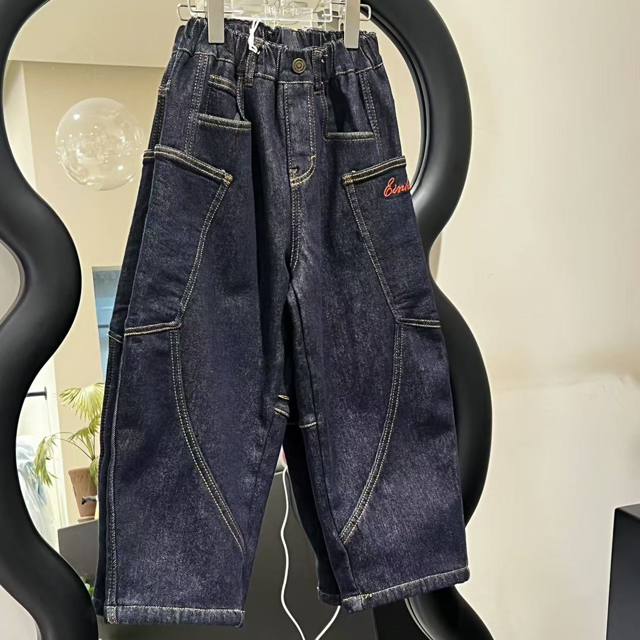 棉小九  儿童大口袋弯刀明线加绒牛仔裤（中大童）921239