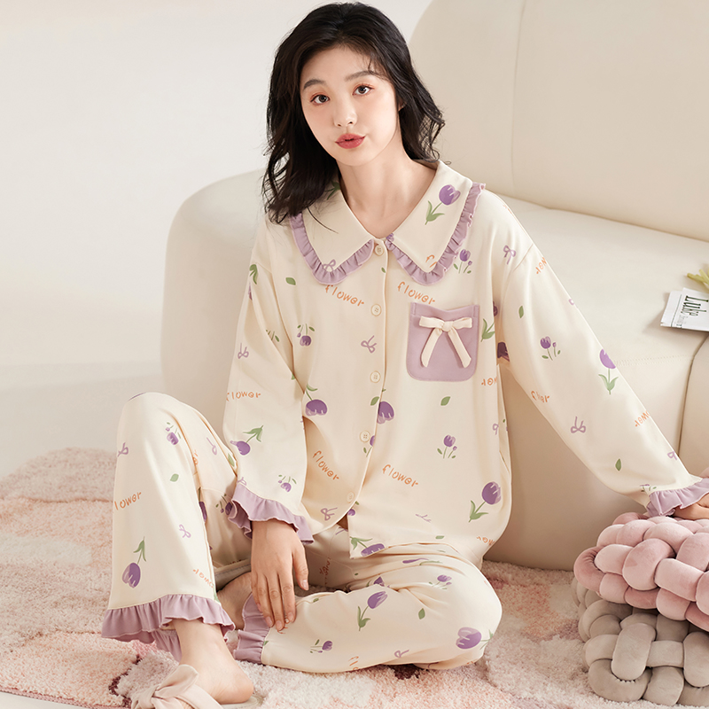 莉莉家女士2024新款纯棉公主领长袖长裤紫玫瑰睡衣家居服套装外穿