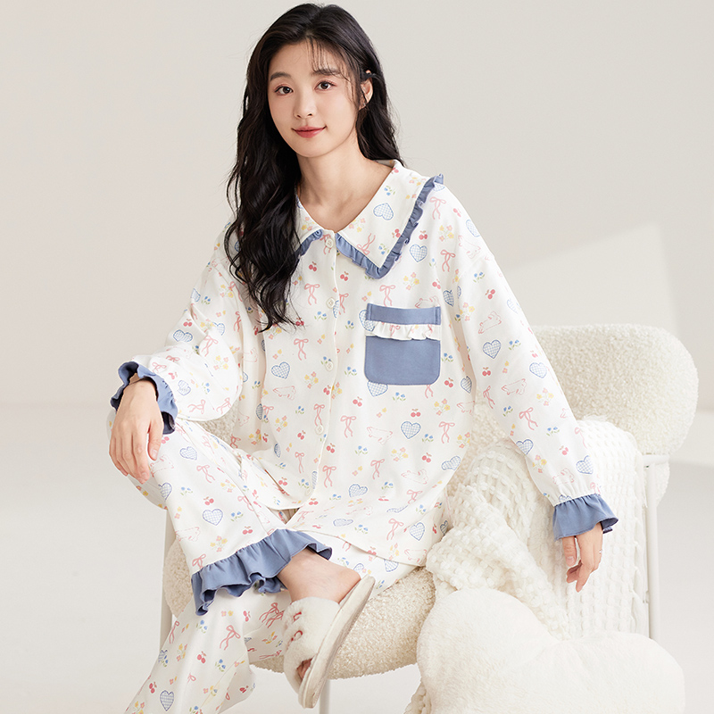 莉莉家女士2024新款纯棉公主领长袖长裤蓝小爱心睡衣家居服可外穿