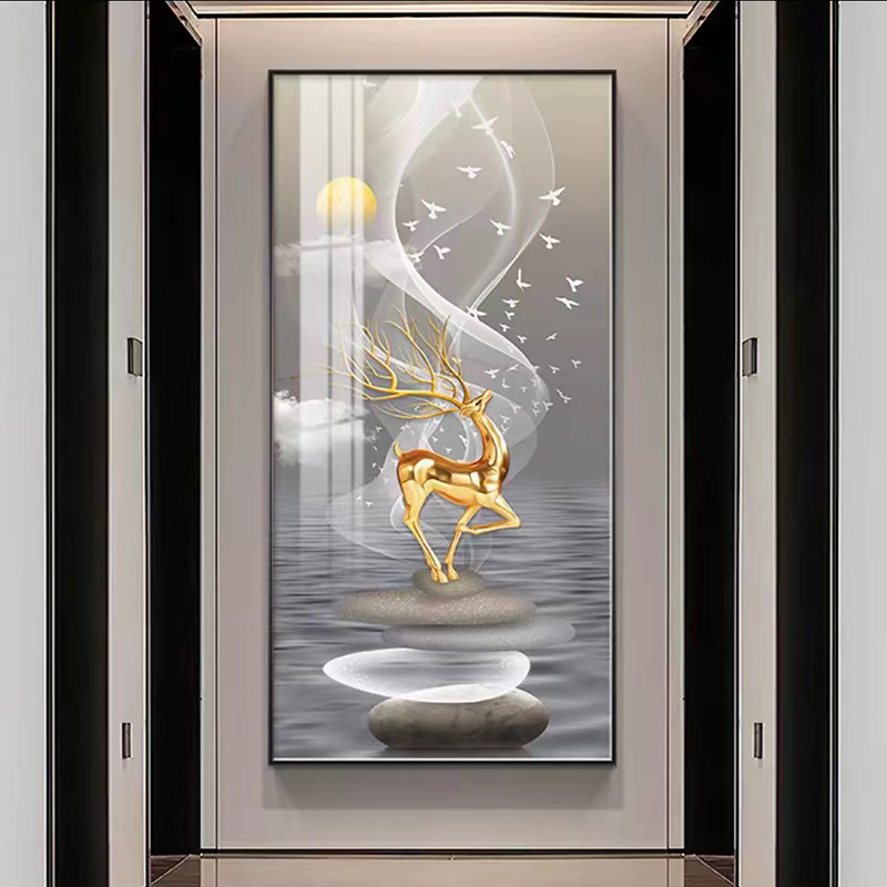 轻奢玄关装饰画玄幻大气高档金鹿走廊过道挂画入户正对门竖版壁画