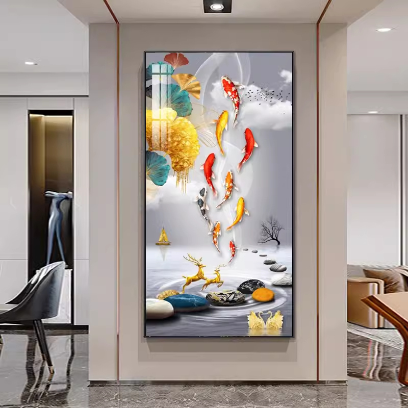 入户九鱼玄关装饰画现代轻奢走廊过道竖版挂画富贵九鱼抽象晶瓷画
