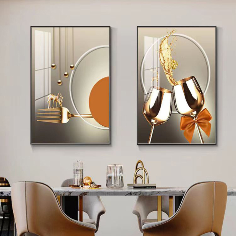 现代简约餐厅两联装饰画轻奢酒杯立体高档晶瓷画饭厅餐厅墙面挂画