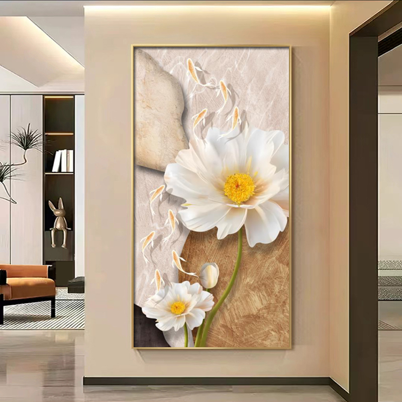 轻奢九鱼图玄关装饰画现代高级感入户正对门壁画竖版走廊过道挂画