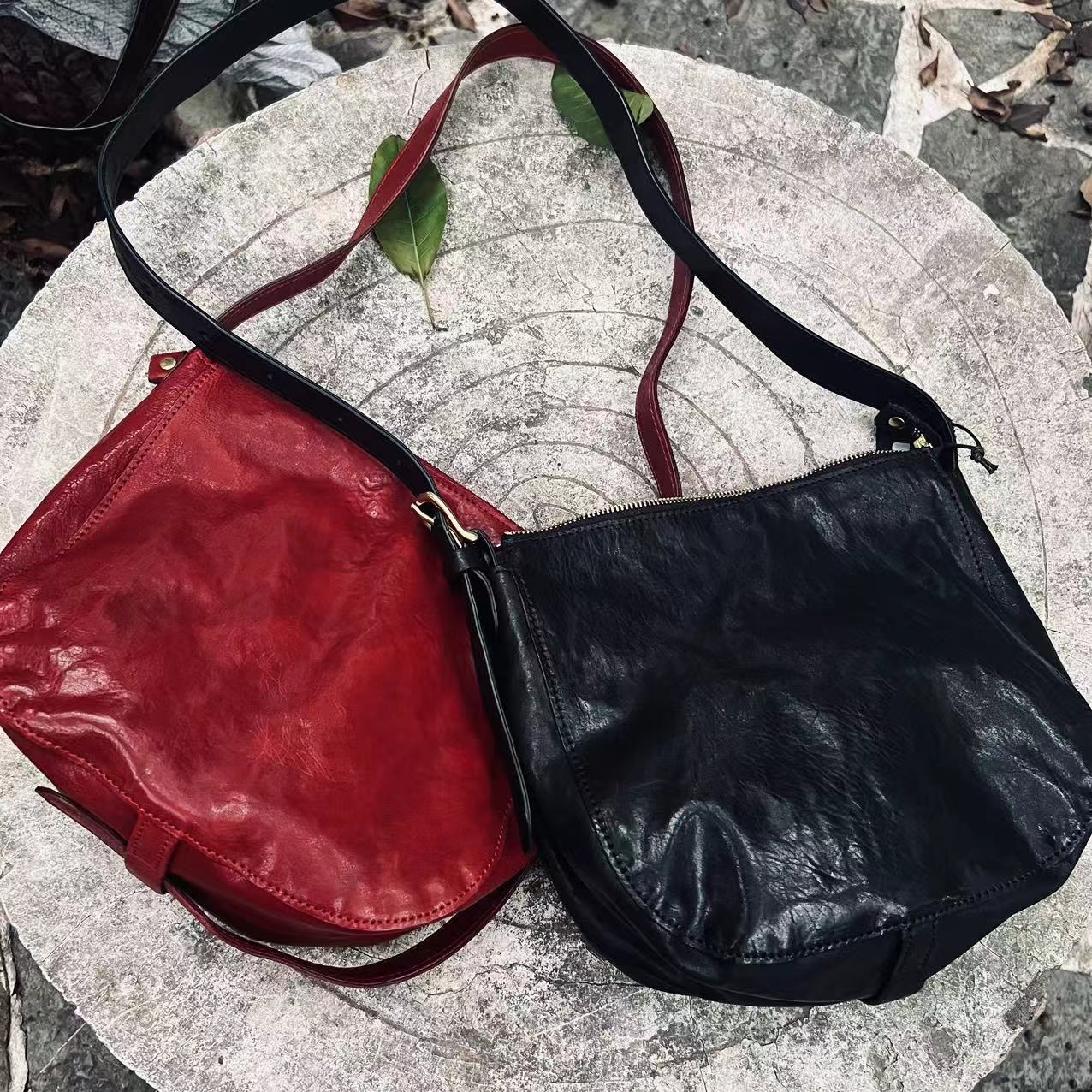 头层马皮植鞣工艺原创手工中号月亮包单肩斜挎真皮复古女士百搭