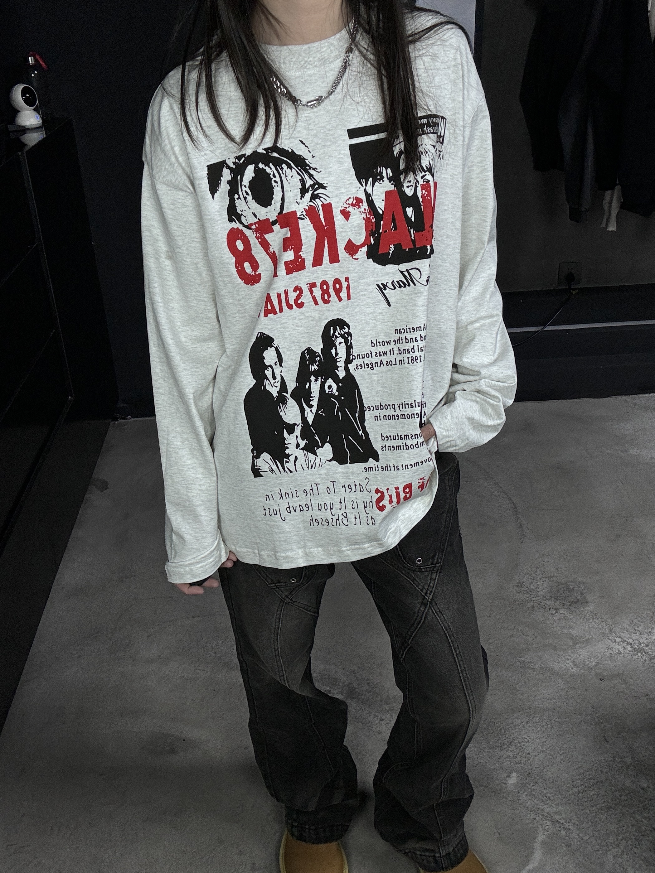 OS欧美摇滚乐队印花长袖T恤美式潮牌男女秋冬宽松百搭bf风情侣装