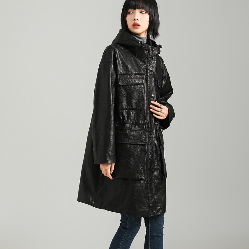 真牛中长款皮衣加绒内胆真皮皮衣女士宽松休闲中长款皮衣连帽871