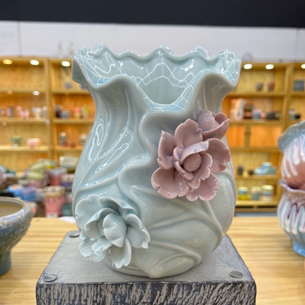 景德镇高端陶瓷花盆手工捏花青花瓷冰透色玉白菜老桩花盆口14高20